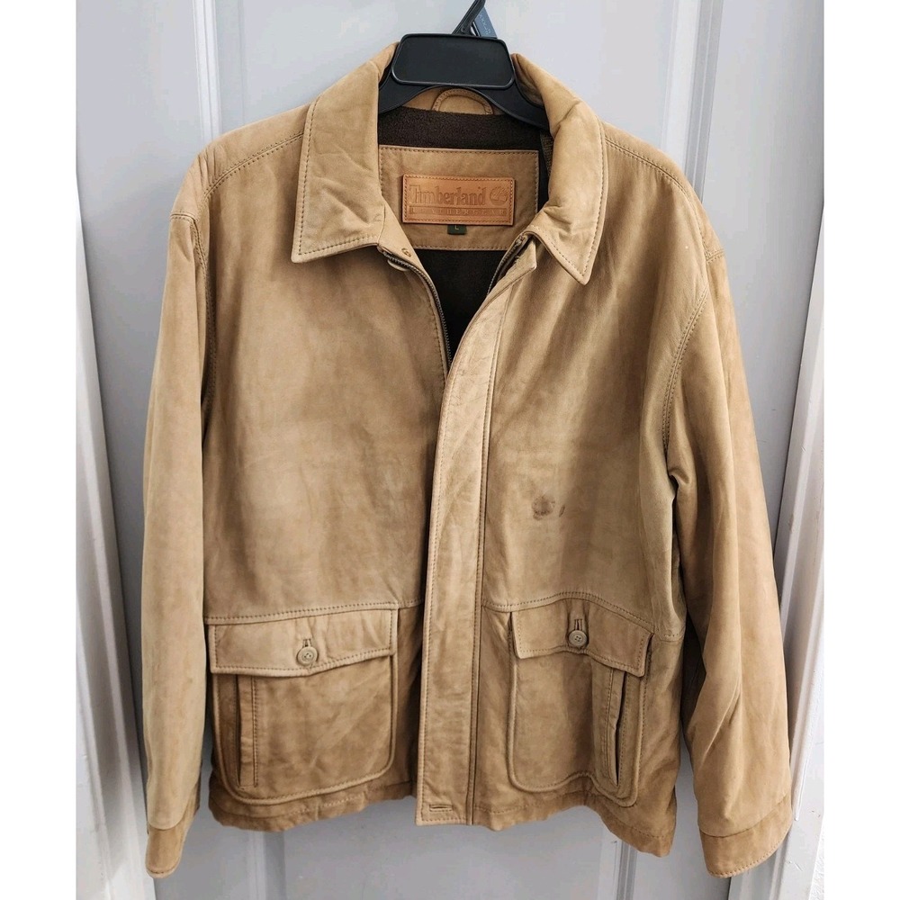 Timberland Leather Gear Jacket XL Tan Genuine Cowhide Quilted Field Coat